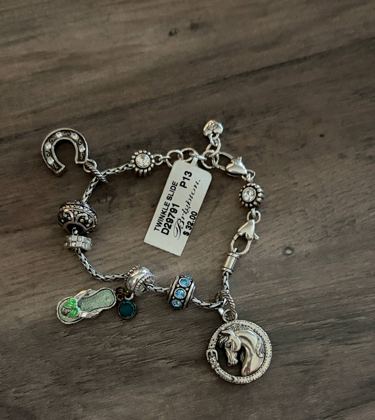 Brighton Twinkle Slide Charm Bracelet WITH CHARMS horse flip flop blue