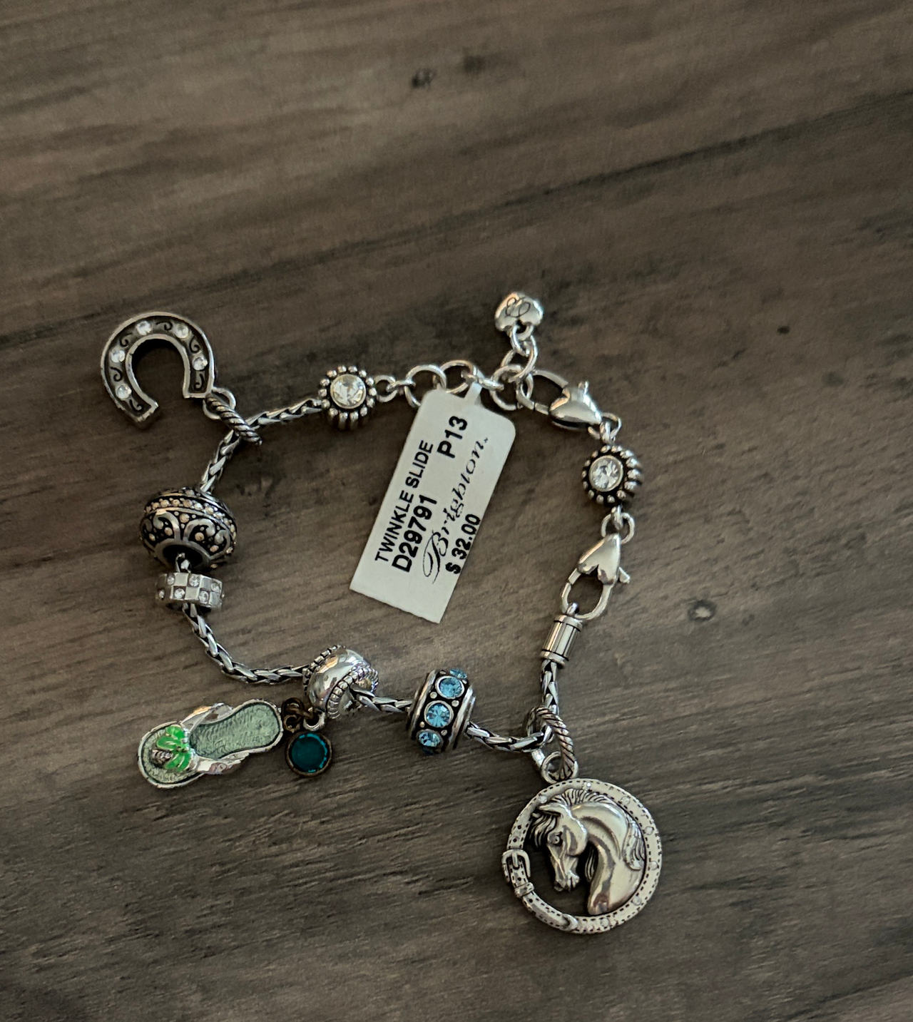 Brighton Twinkle Slide Charm Bracelet WITH CHARMS horse flip flop blue