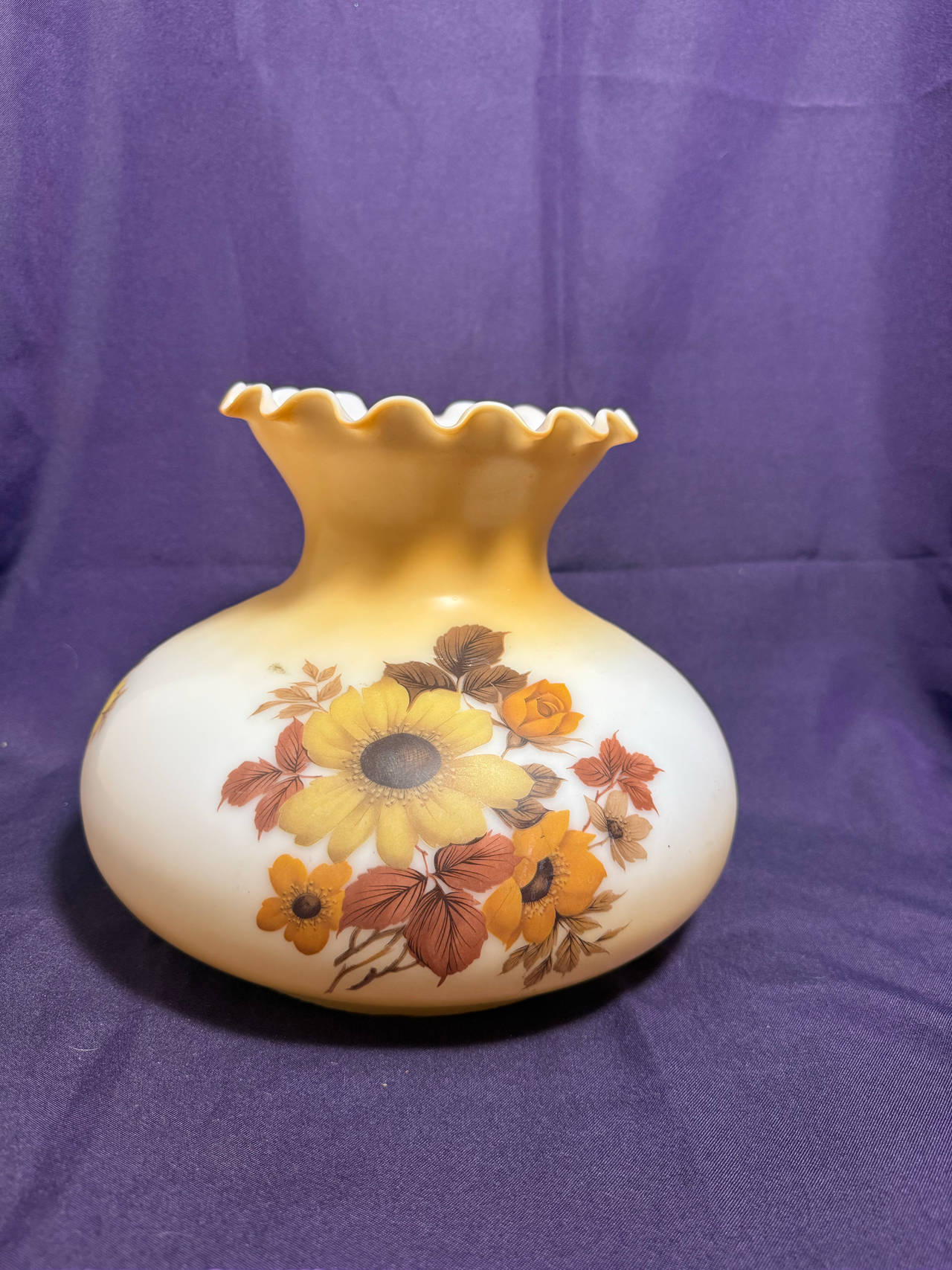 Vintage Fenton Yellow Floral Milk Glass Ruffled Lamp Shade