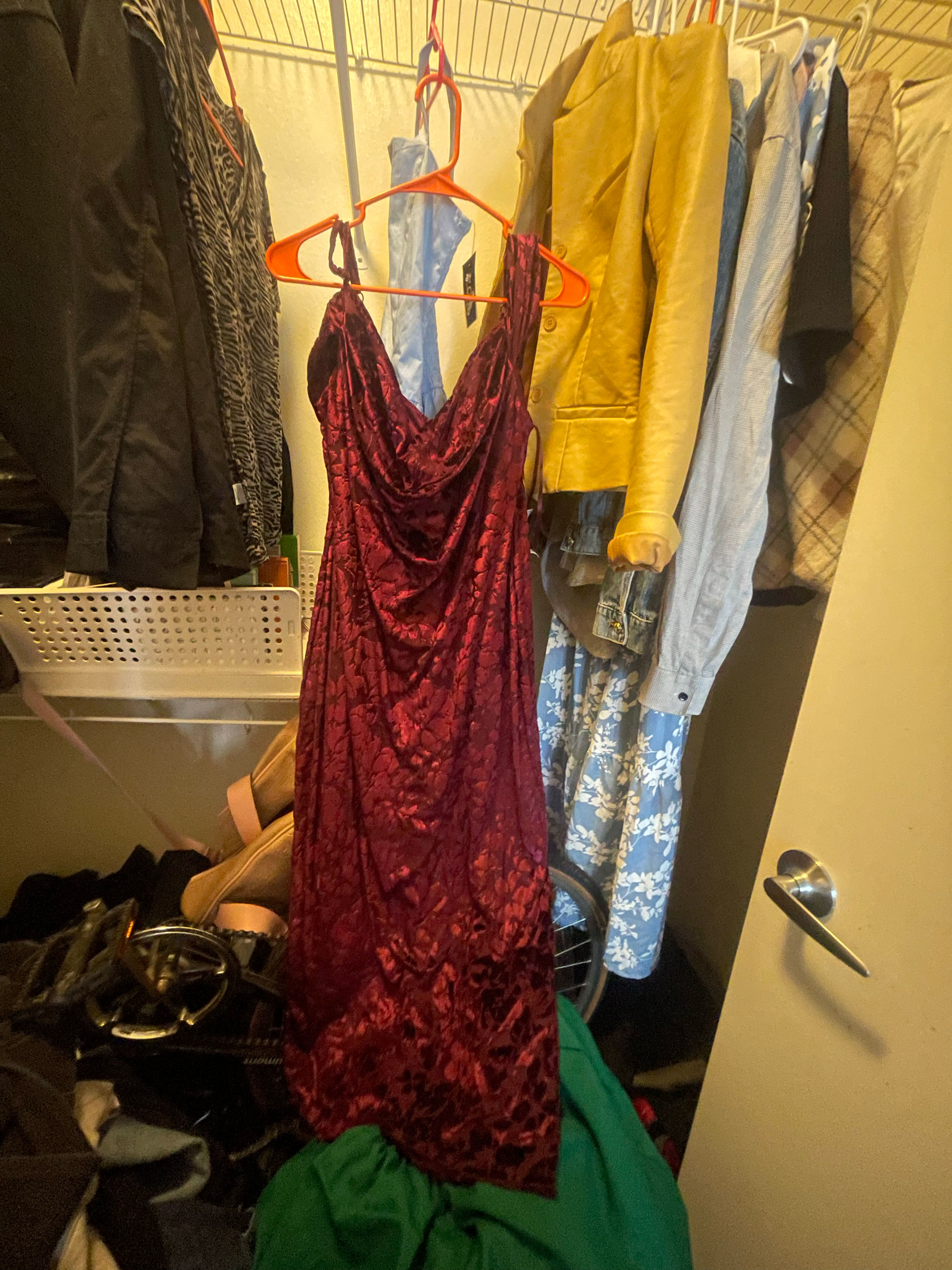 Burgundy Velvet Cowl Neck Midi Dress