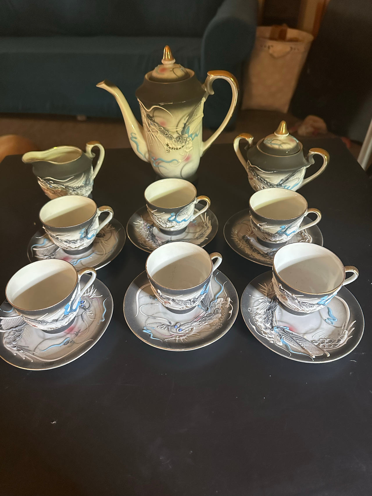 Vintage Japanese Dragon Moriage Tea Set with Geisha Lithophane