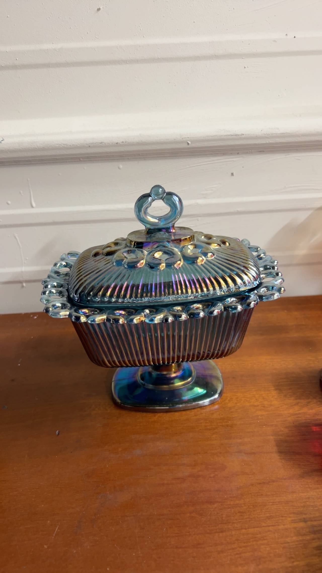Indiana Glass Blue Carnival Glass Pedestal Vtg  Iridescent Blue Car