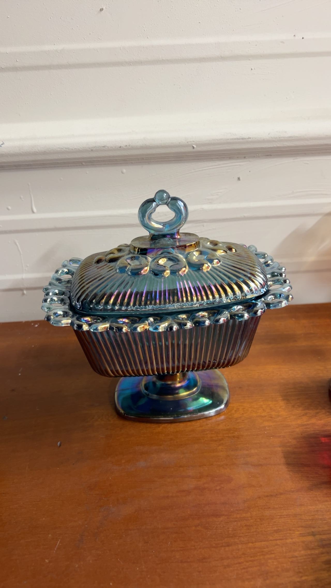 Indiana Glass Blue Carnival Glass Pedestal Vtg  Iridescent Blue Car