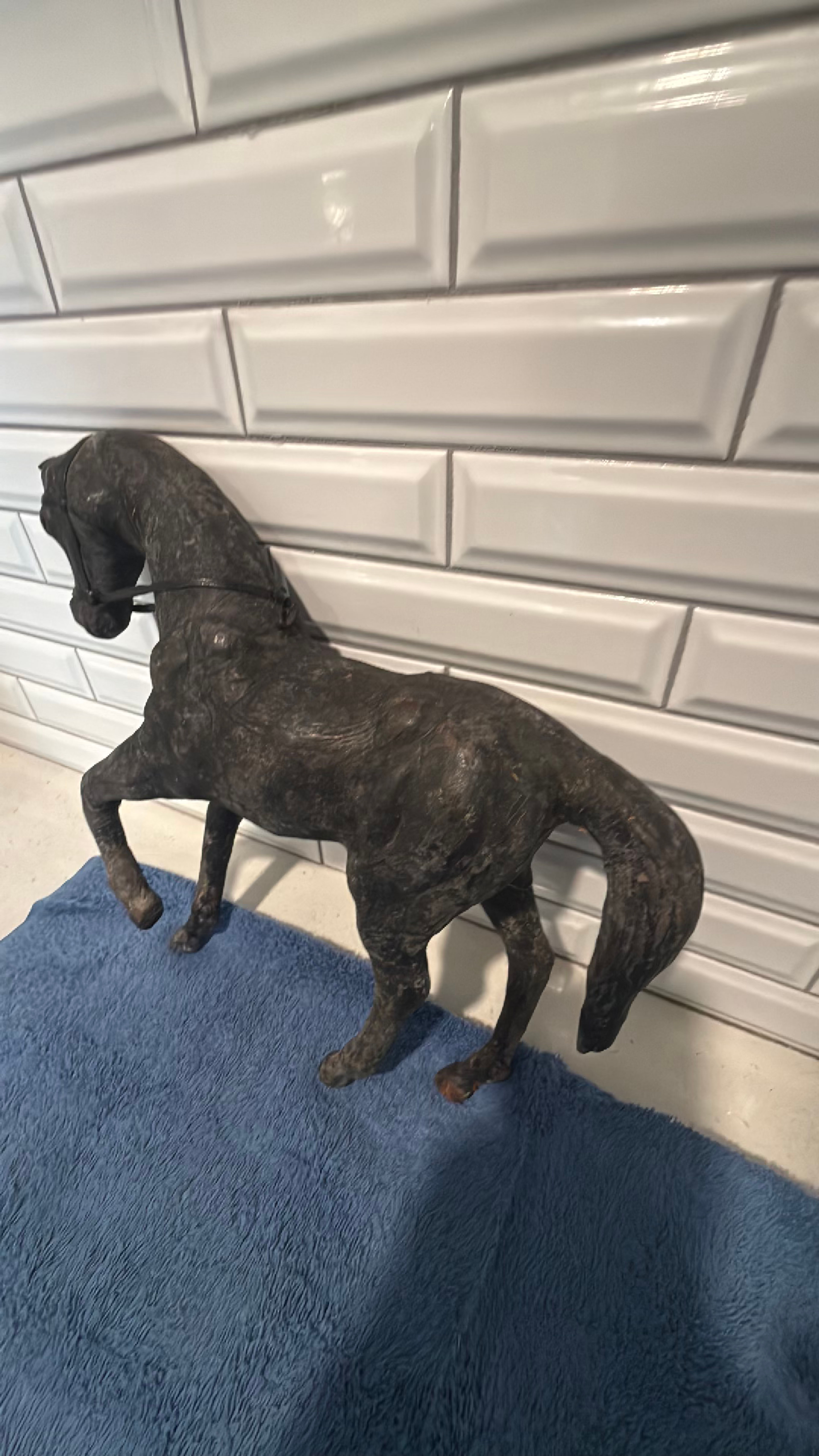 Vintage Hand Crafted Leather Wrapped Horse Sculpture with Saddle - Image 2