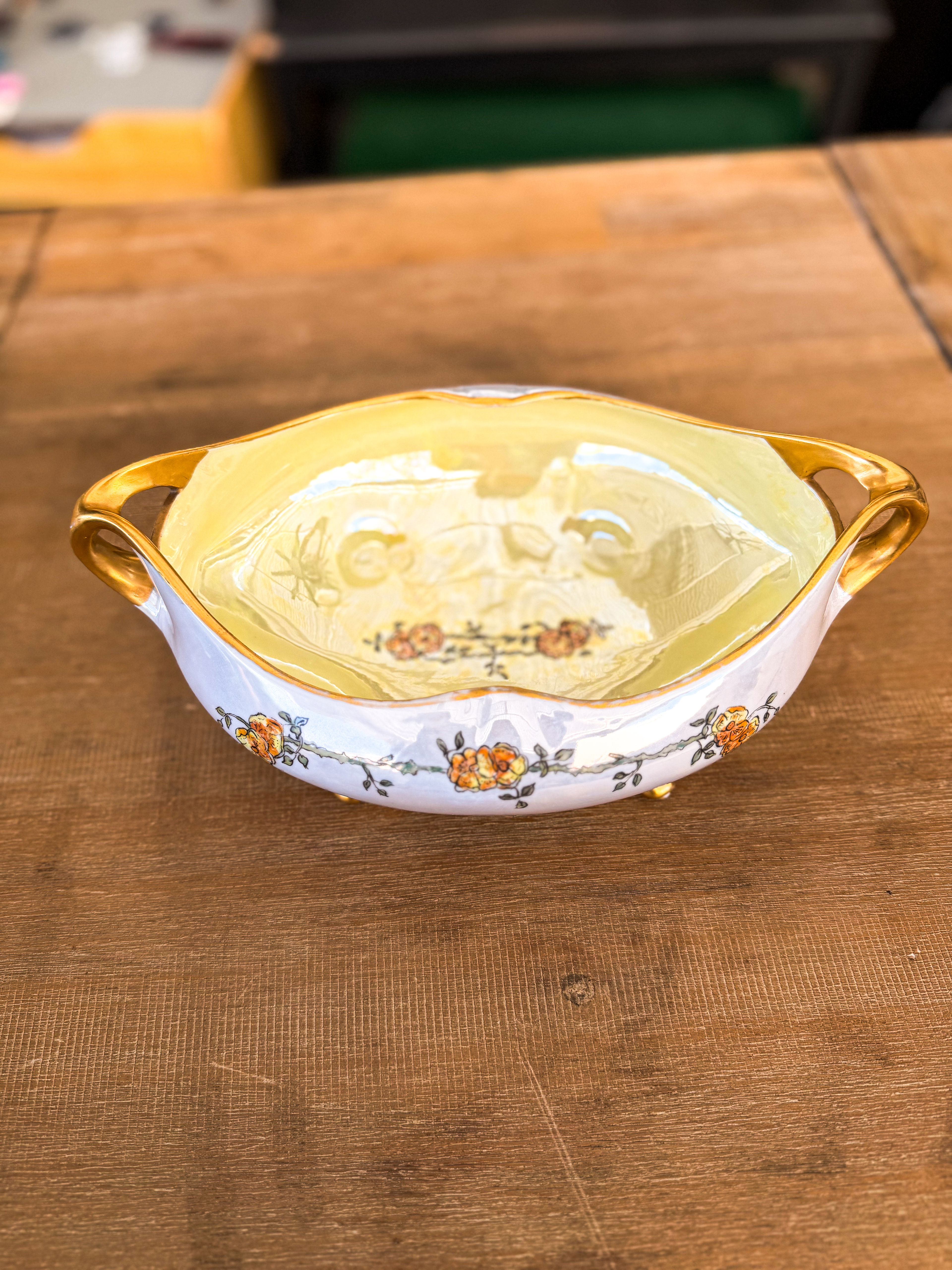 Vintage Porcelain Footed Bowl with Gold Handles Floral Centerpiece Trinket Bowl - Image 4