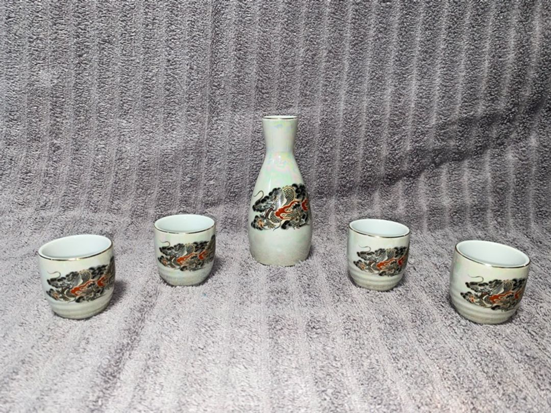 Japanese Asian Dragon Ceramic Sake Set with Cups