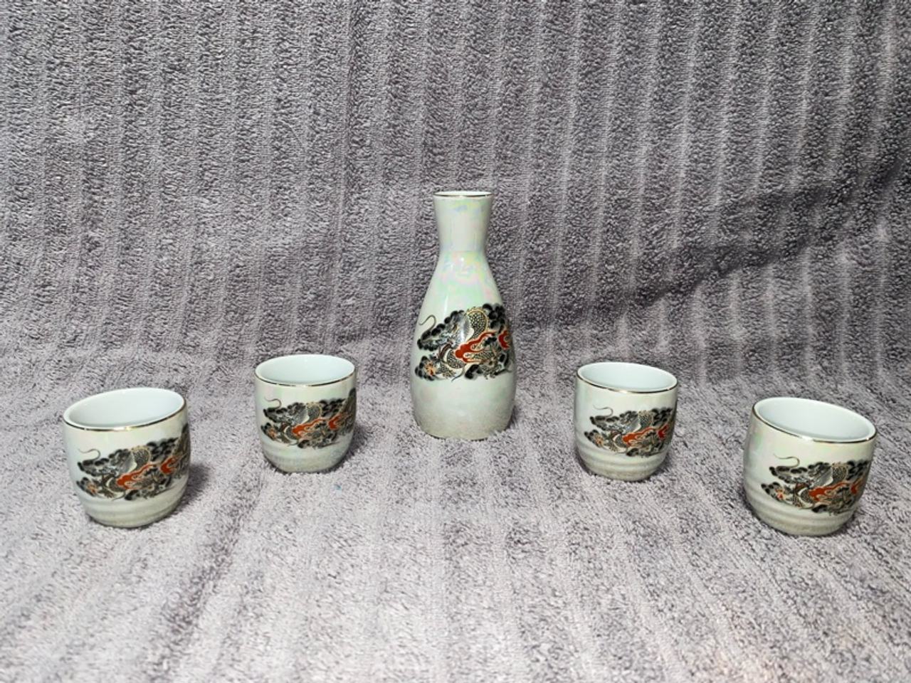 Japanese Asian Dragon Ceramic Sake Set with Cups