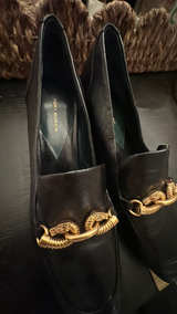 Tory Burch Size 7 Jessa Heeled Loafers Black Leather with Gold Horsehead Women’s - Image 5