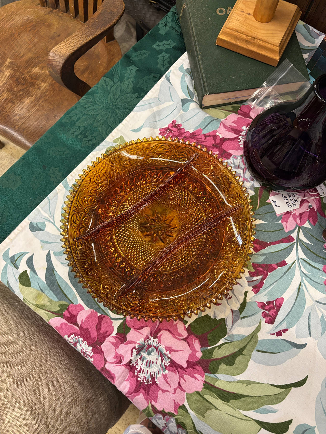 Amber Depression Glass Divided Plate/relish tray