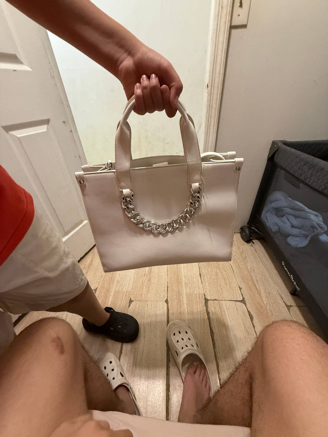 White Faux Leather Tote Bag with Chain Handle