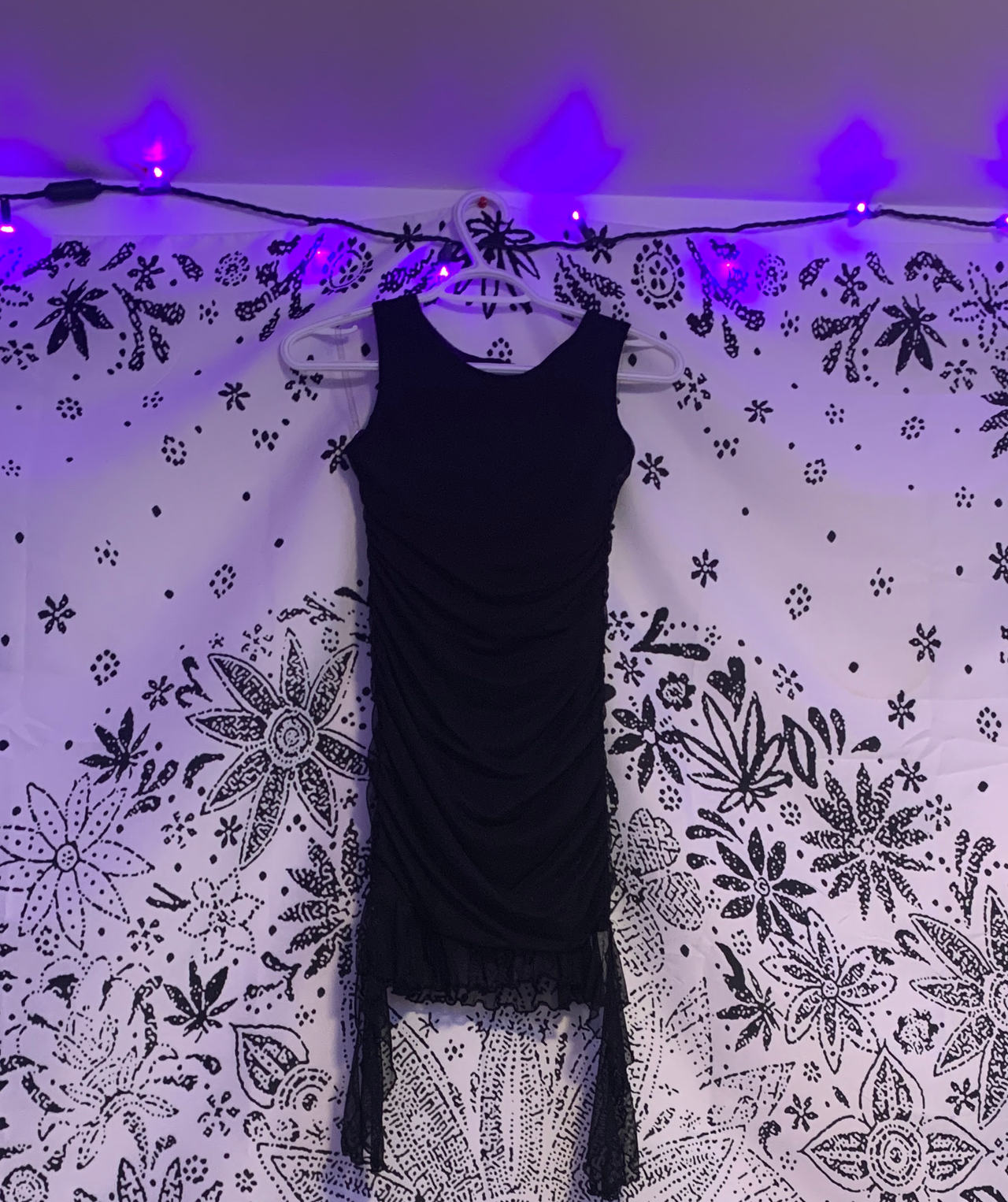 Black Ruched Lace Trim Mini Dress