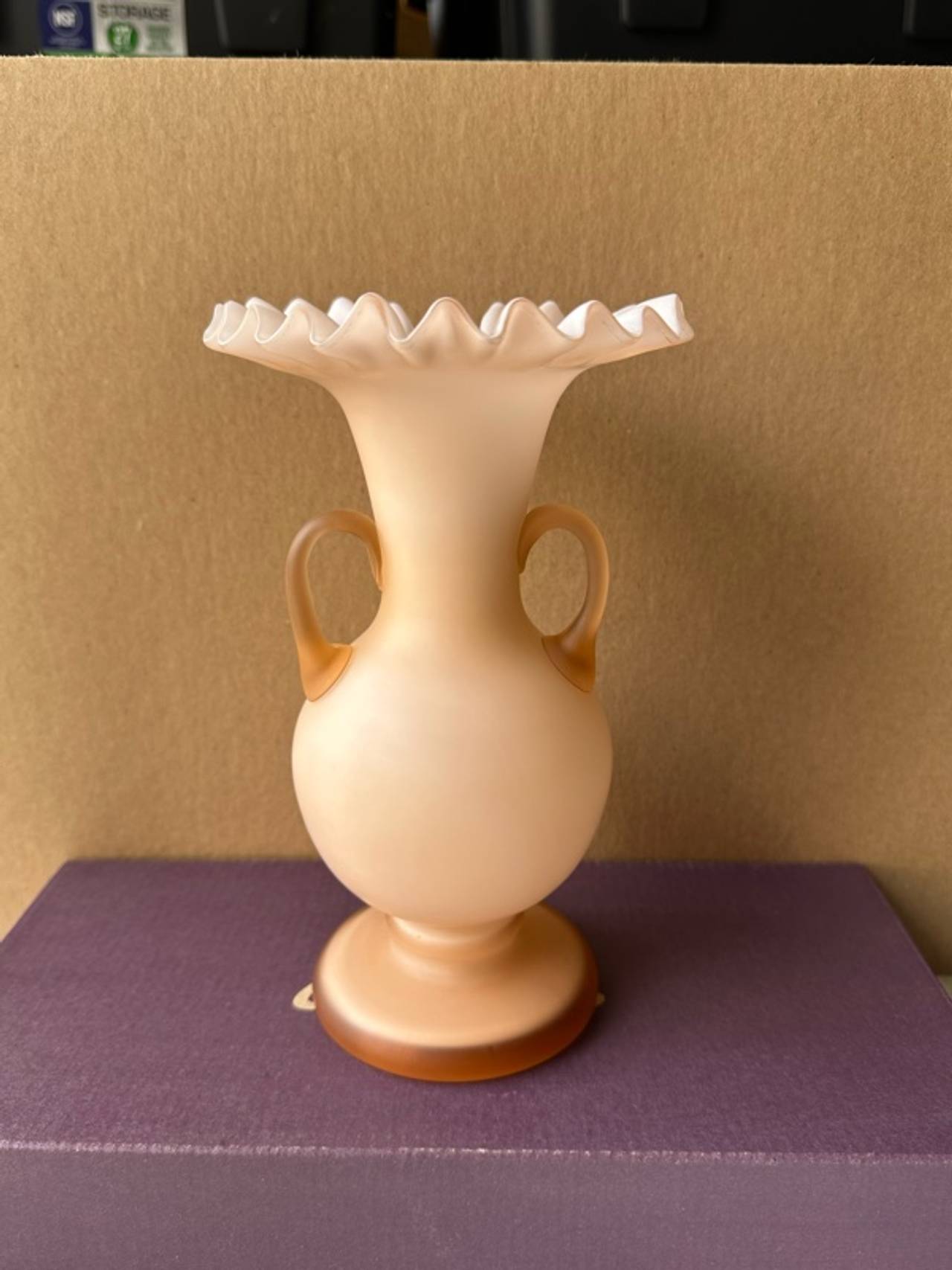 Victorian Peach Satin Cased Glass Ruffled Double Handled Vase