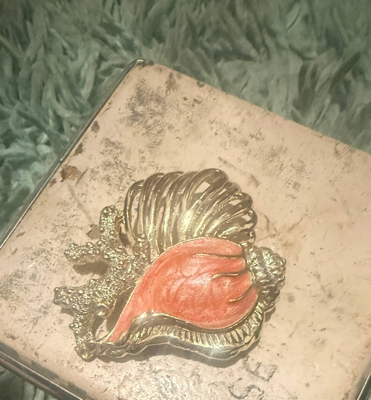 Vintage Gold Tone Enamel Seashell and Coral Brooch