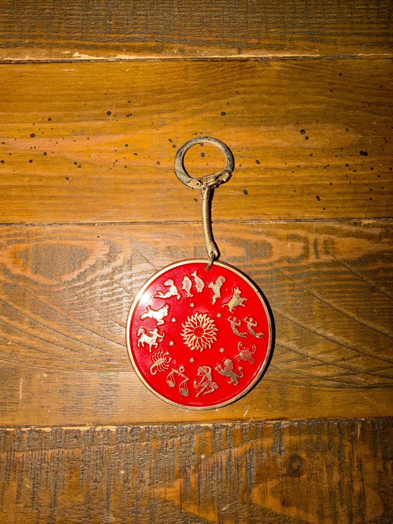 Vintage Red Resin and Wood Zodiac Keychain