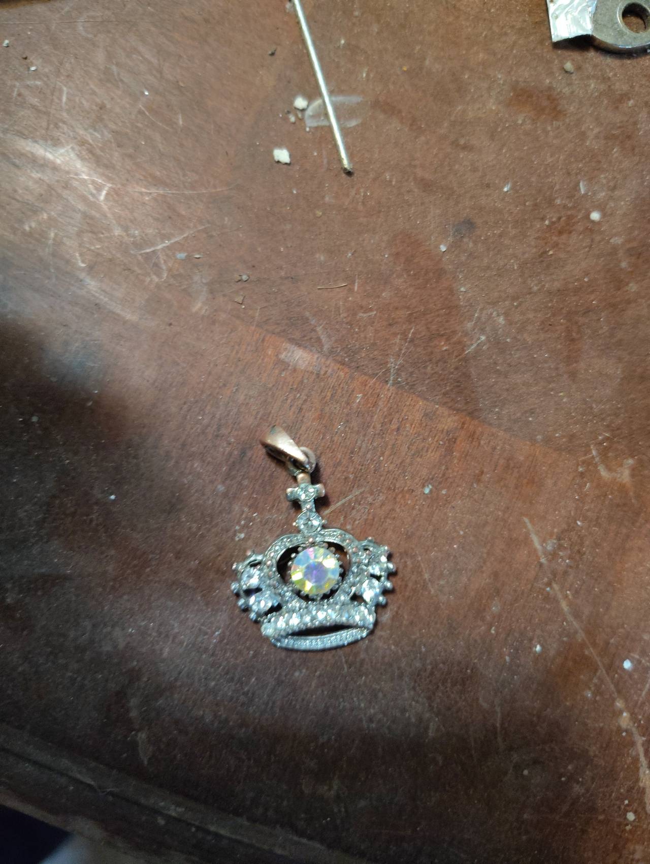 Silver Tone Crown Pendant with Aurora Borealis Rhinestone