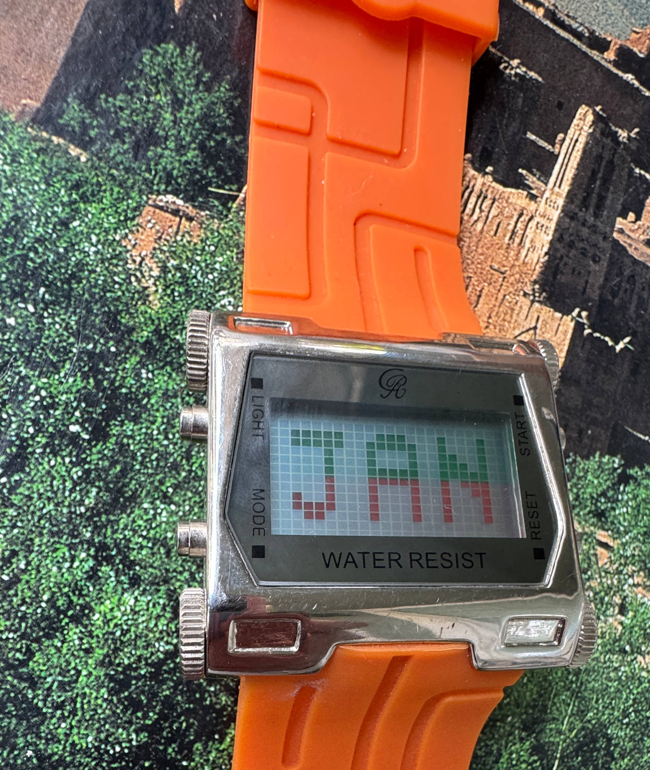 Digital Dot Matrix Watch with Orange Silicone Strap