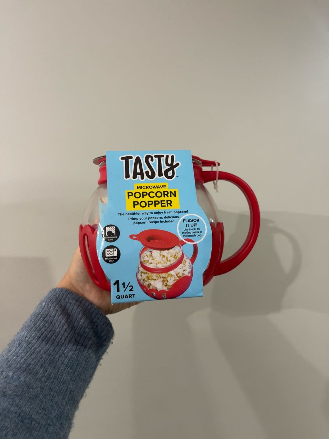 Tasty 1.5 Quart Borosilicate Glass Microwave Popcorn Popper Red NIB