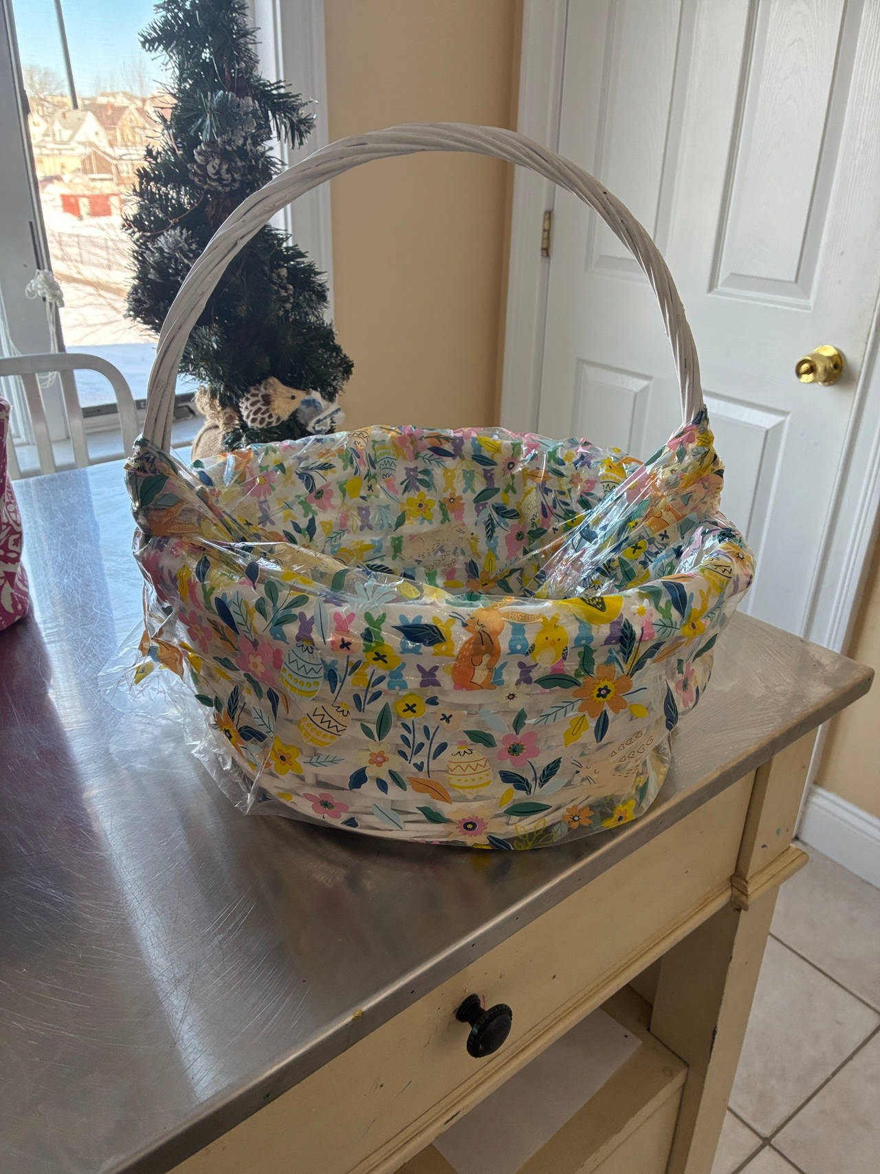 White Wicker Easter Basket with Floral Liner