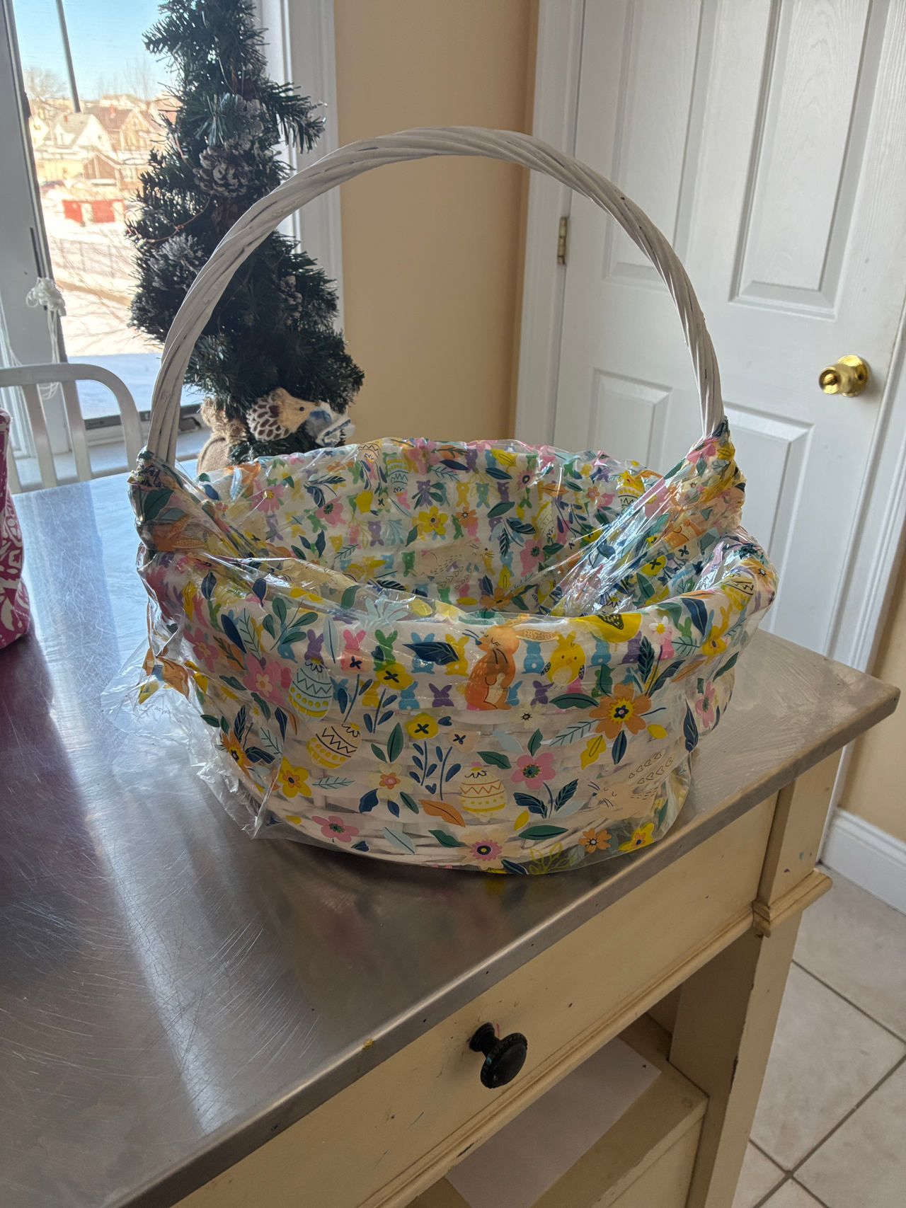 White Wicker Easter Basket with Floral Liner