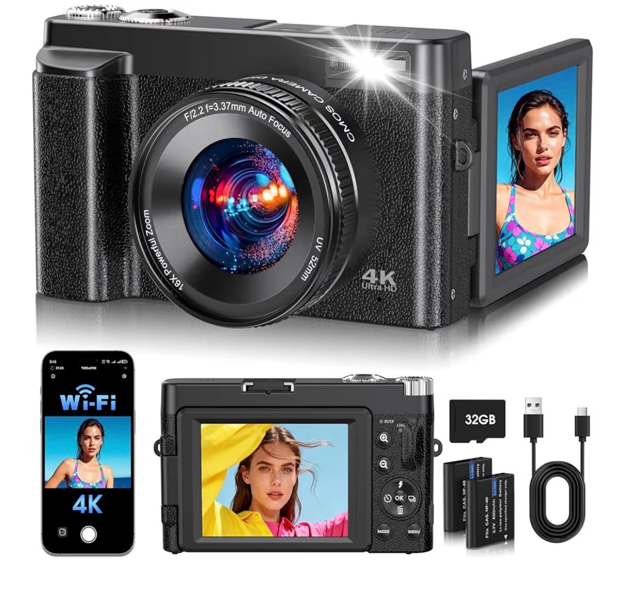 4K Digital Vlogging Camera with 180° Flip Screen