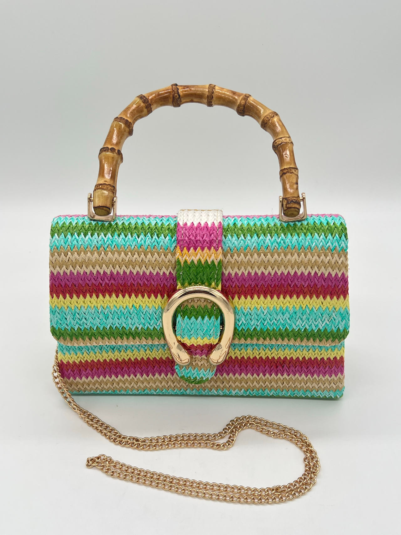 Multicolor Woven Straw Clutch Bamboo Handle Gold Chain Crossbody Purse