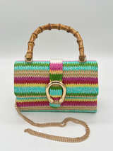 Multicolor Woven Straw Clutch Bamboo Handle Gold Chain Crossbody Purse - Image 1