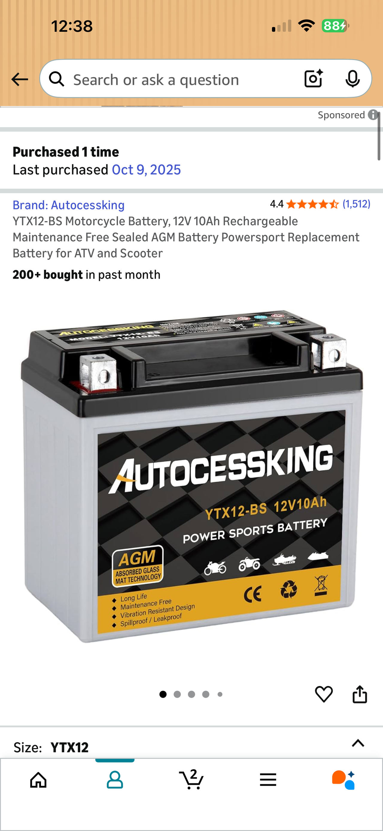 Autocessking YTX12-BS Motorcycle Battery