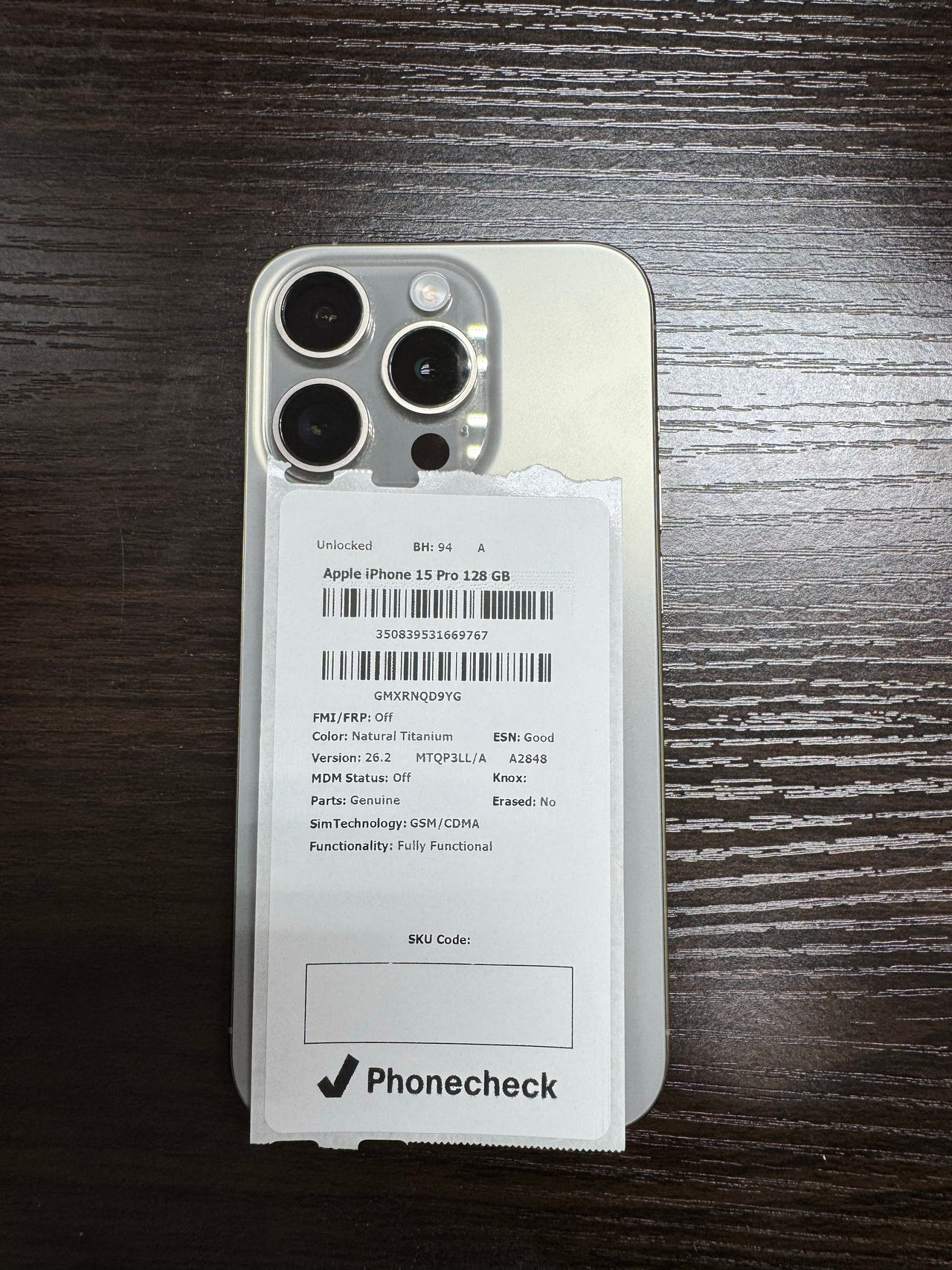 Apple iPhone 15 Pro 128GB Natural Titanium Unlocked 94% Battery