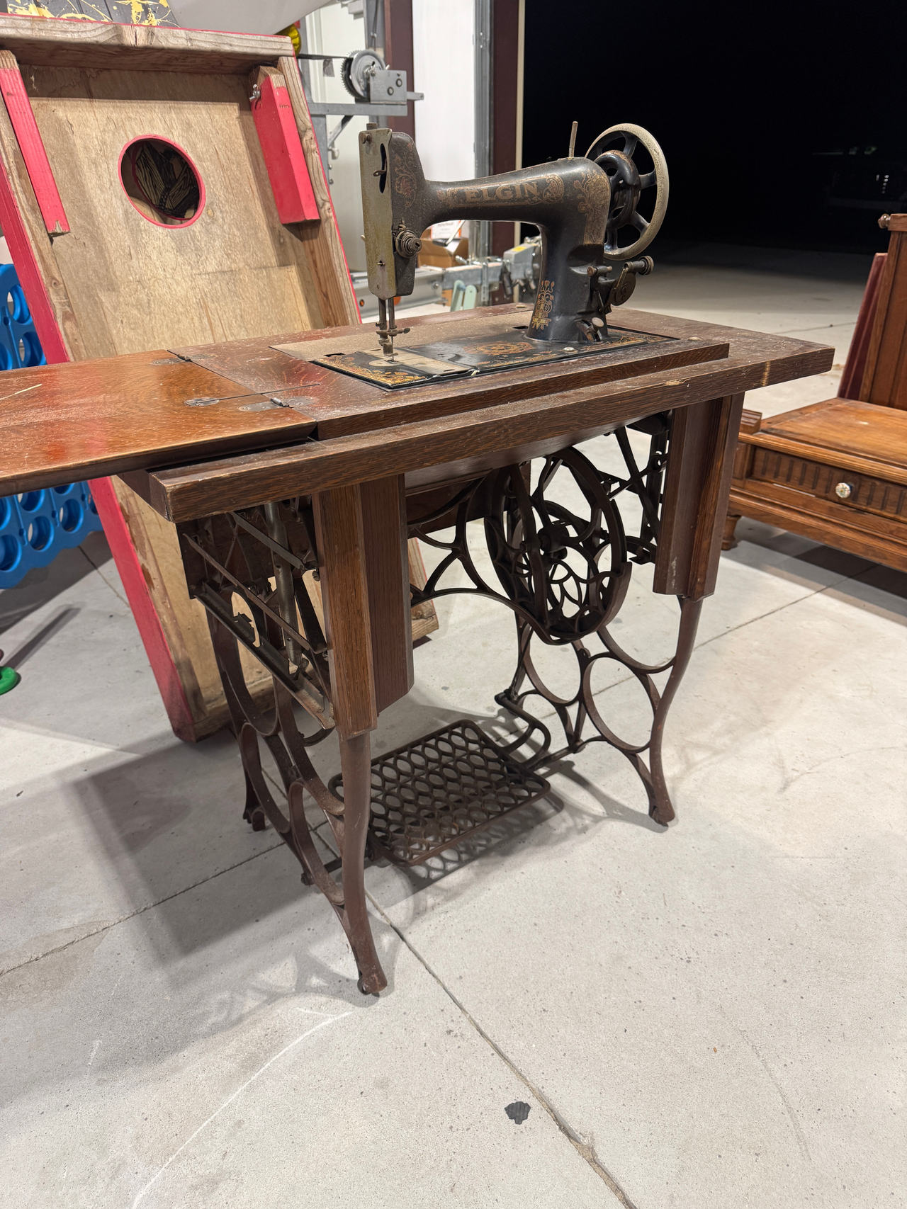 Vintage Elgin Treadle Sewing Machine with Oak Cabinet