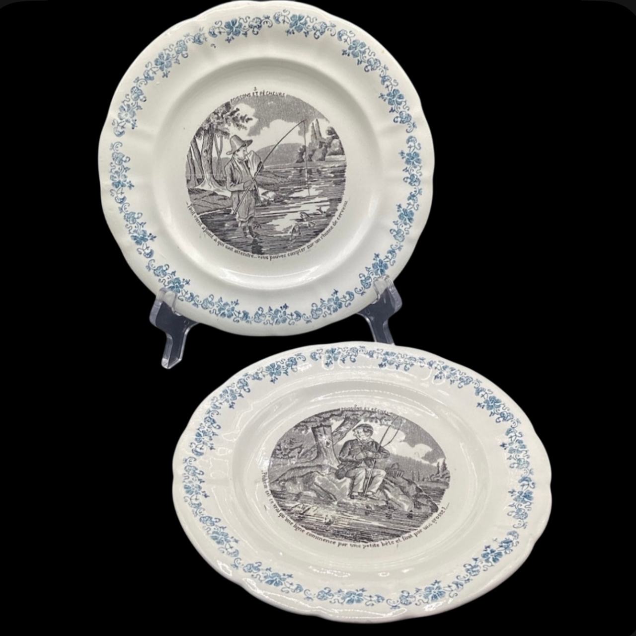 LONGWY Antique French Transferware Plates Black White Fishing