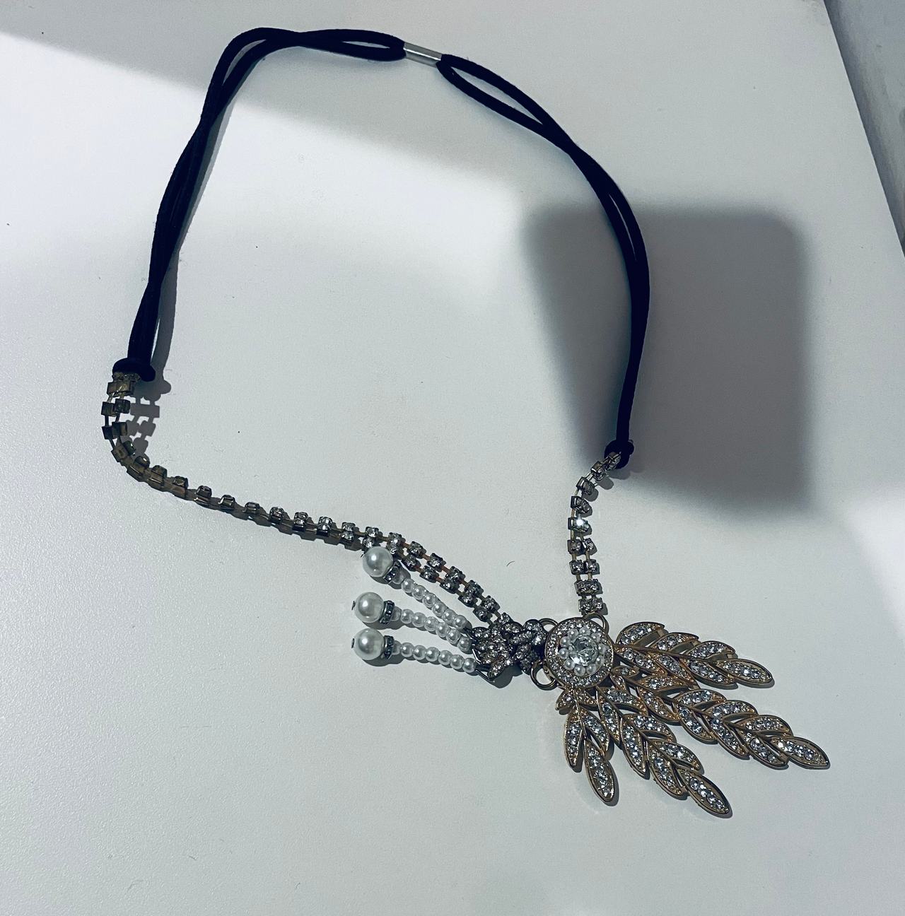 Vintage Rhinestone Leaf Flapper Headband with Pearls