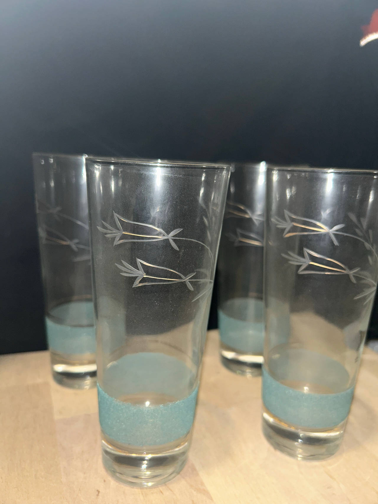 Libbey Vintage Etched Floral Green/Gold Band Highball Glasses
