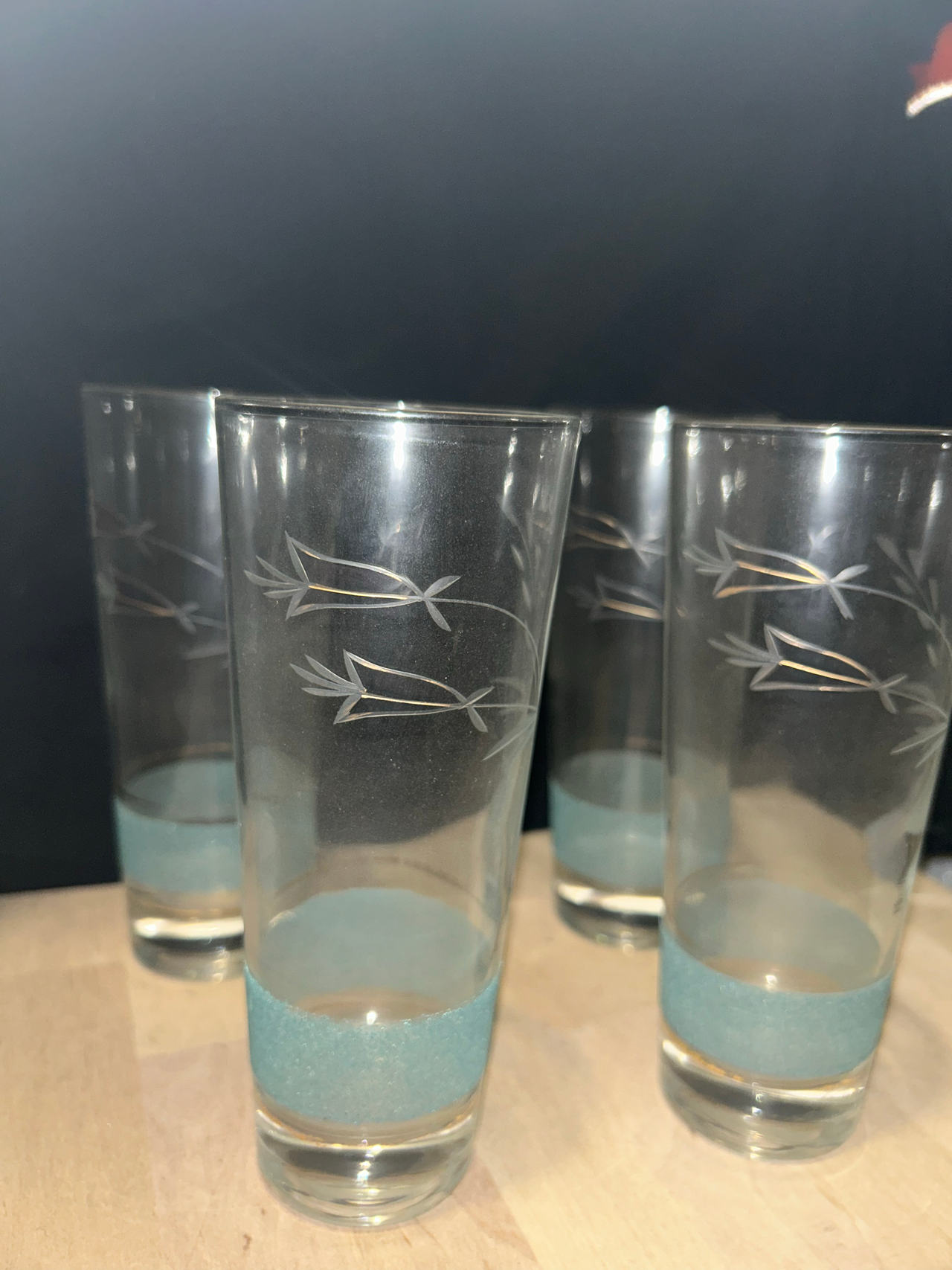 Libbey Vintage Etched Floral Green/Gold Band Highball Glasses