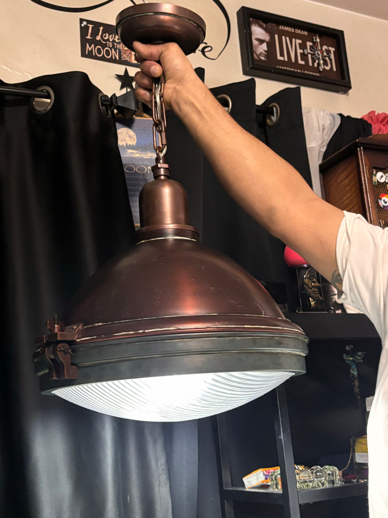 Industrial Copper Pendant Light with Ribbed Glass