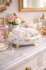 Vintage Porcelain Footed Bowl with Gold Handles Floral Centerpiece Trinket Bowl - Image 8