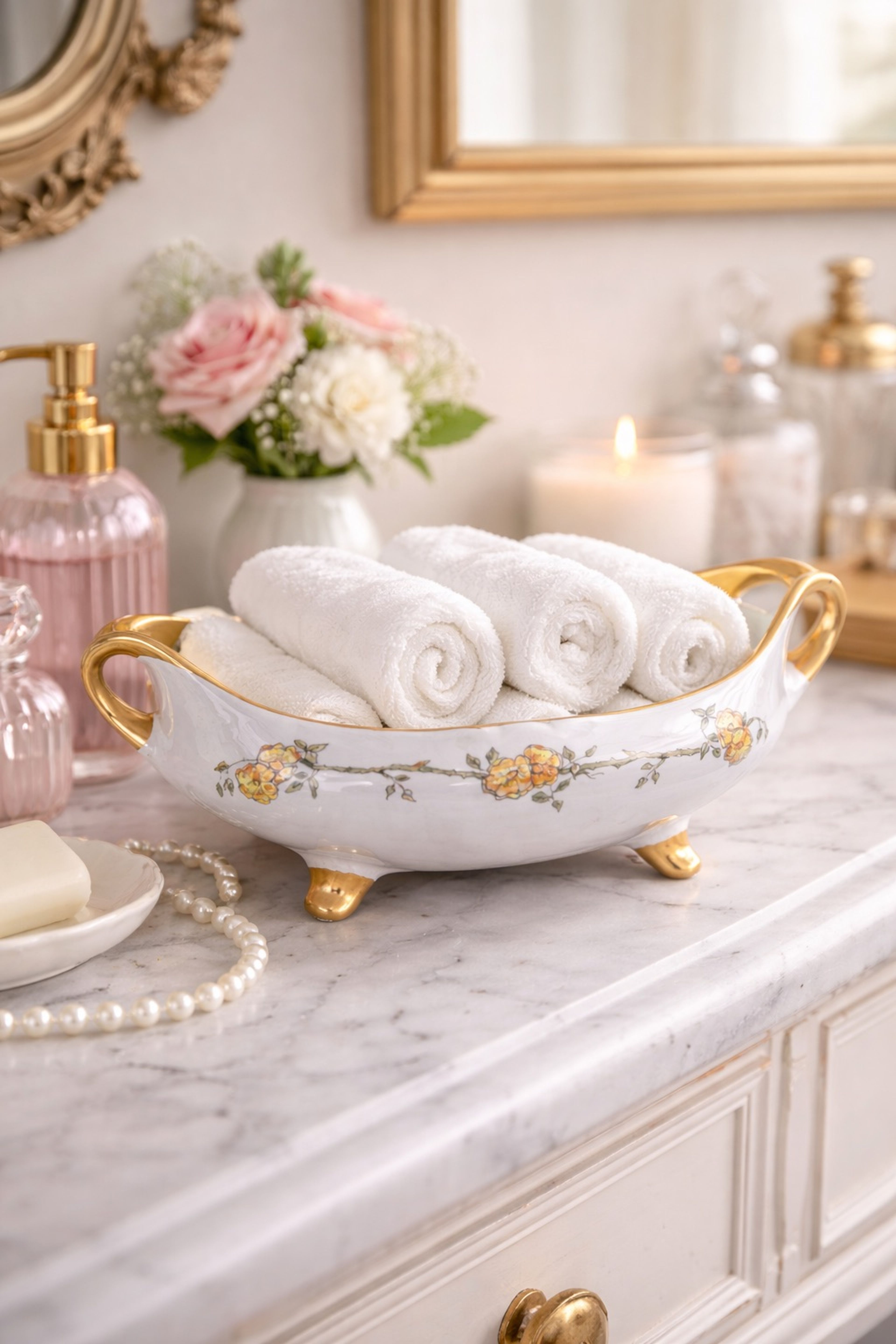 Vintage Porcelain Footed Bowl with Gold Handles Floral Centerpiece Trinket Bowl - Image 8