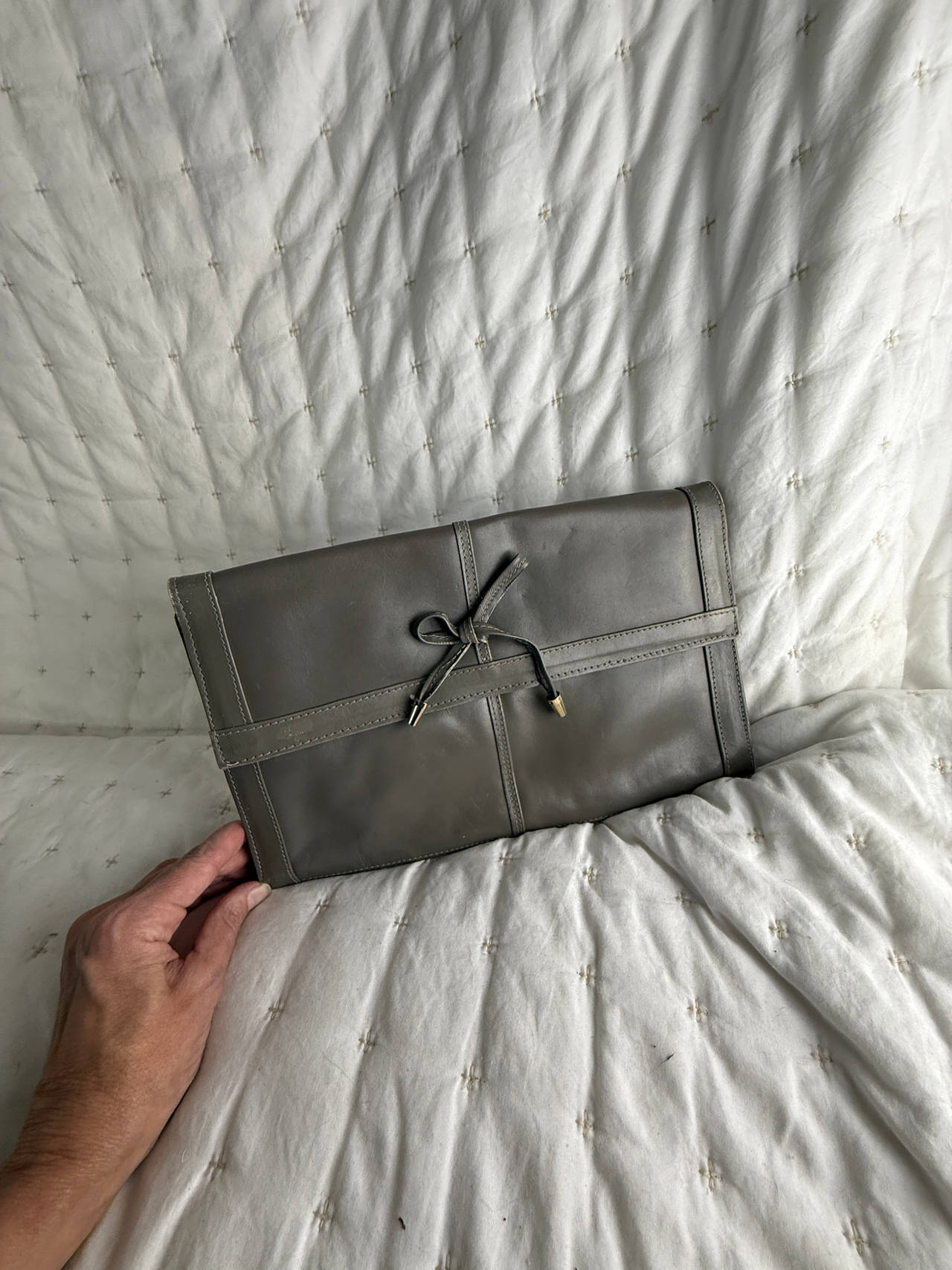Italian Leather Grey Leather Bow Tie Clutch Bag