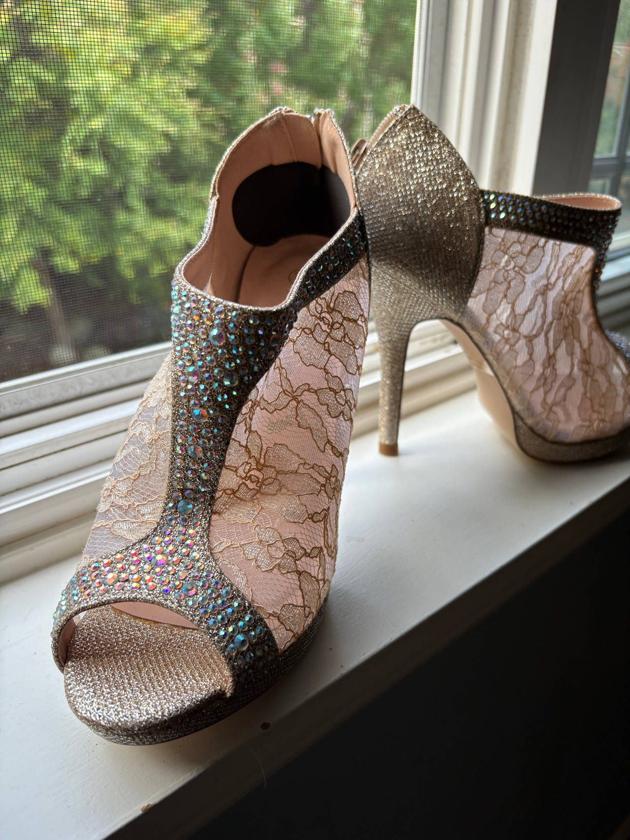 Rhinestone Lace Peep Toe High Heel Booties
