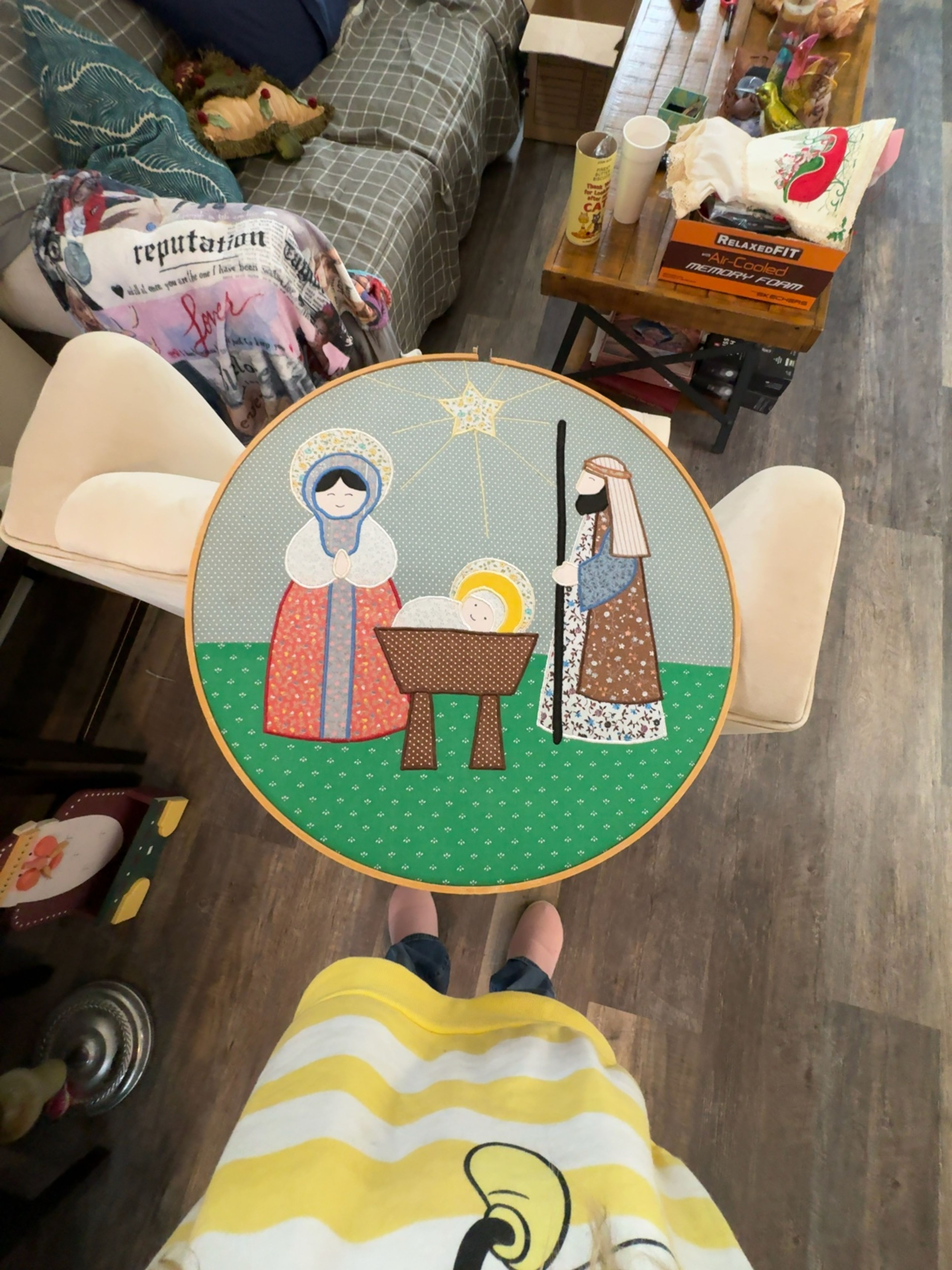 Vintage Quilted Nativity Embroidery Hoop Wall Hanging