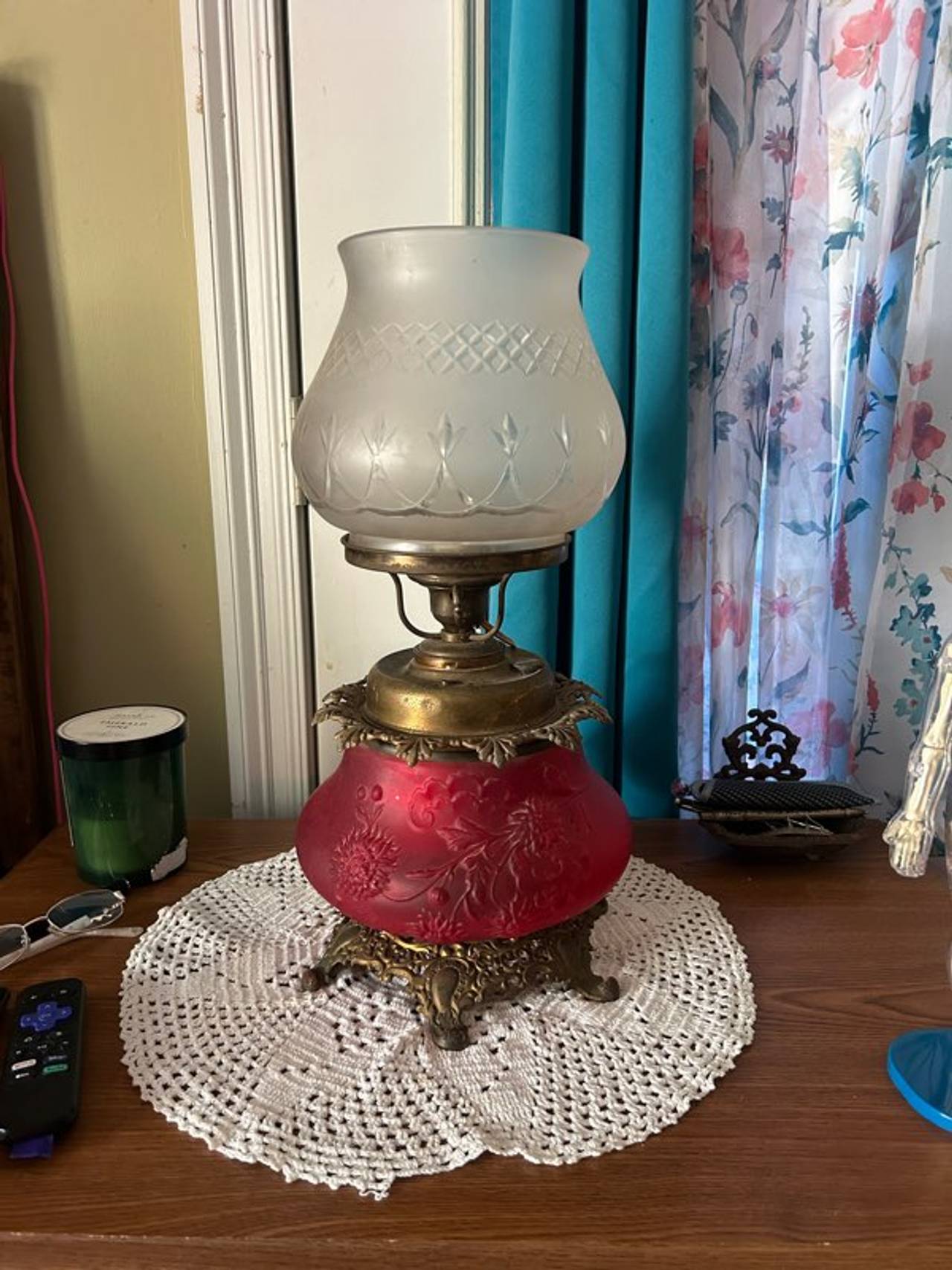 Victorian Red Satin Glass Banquet Lamp