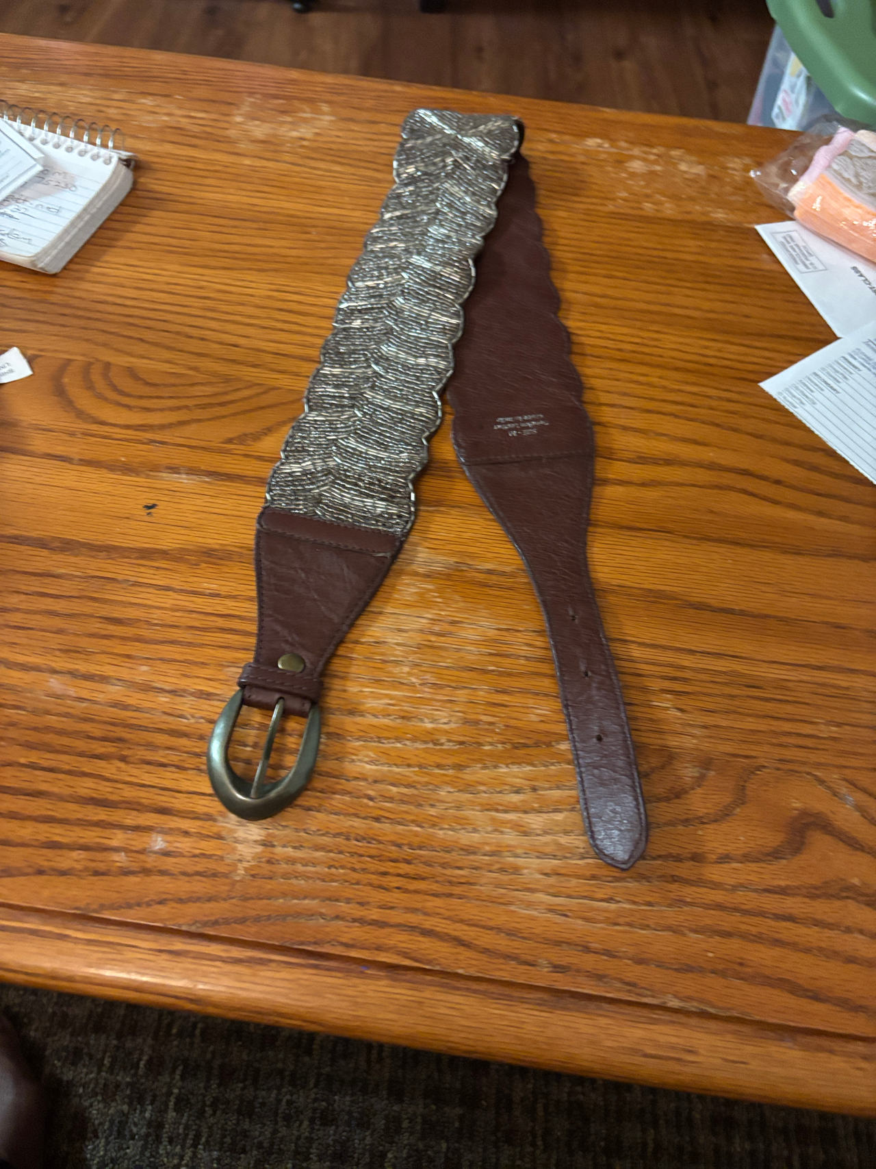 Women's Wide Leather and Metallic Woven Belt
