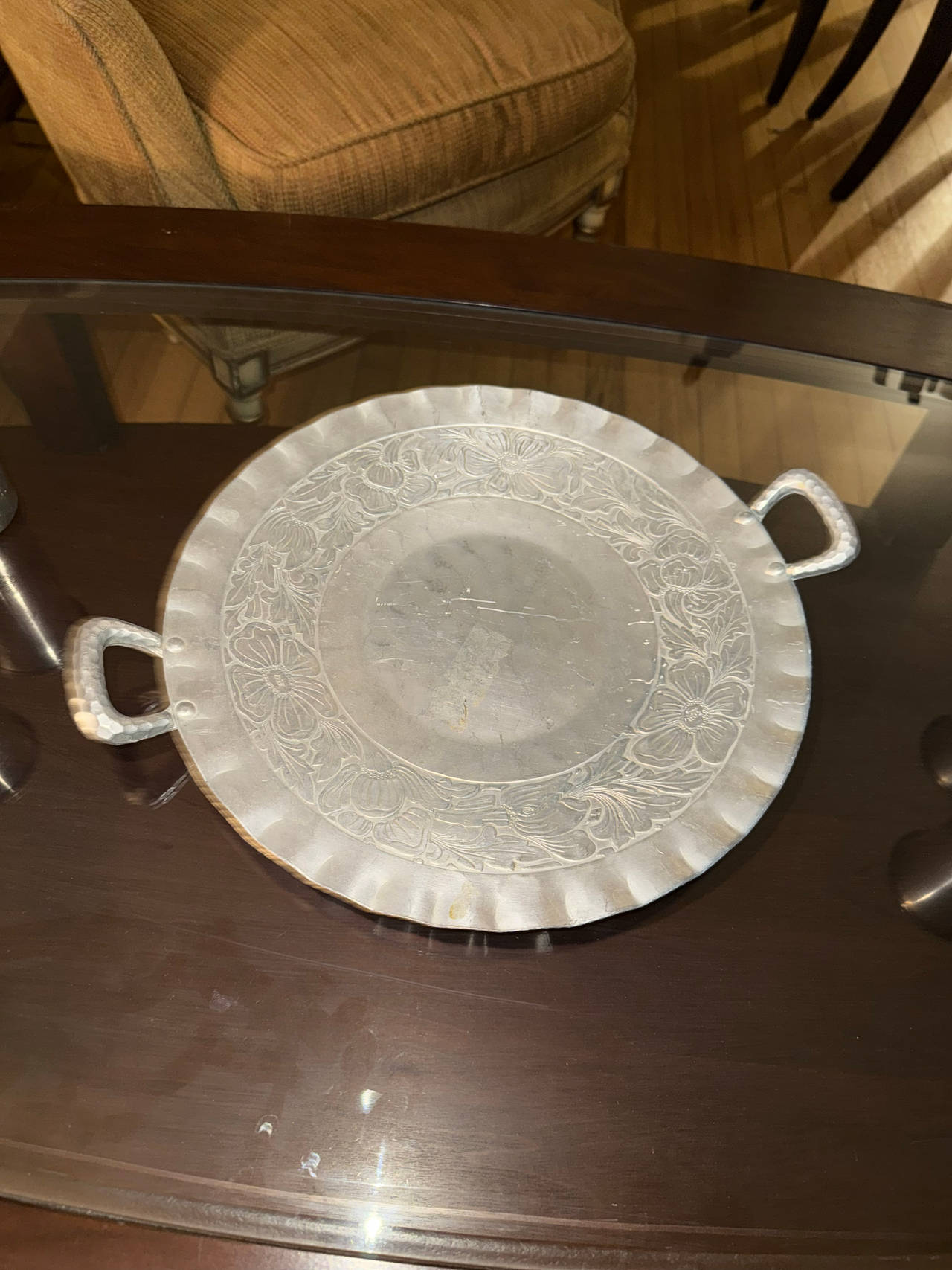 Vintage Hammered Aluminum Floral Serving Tray