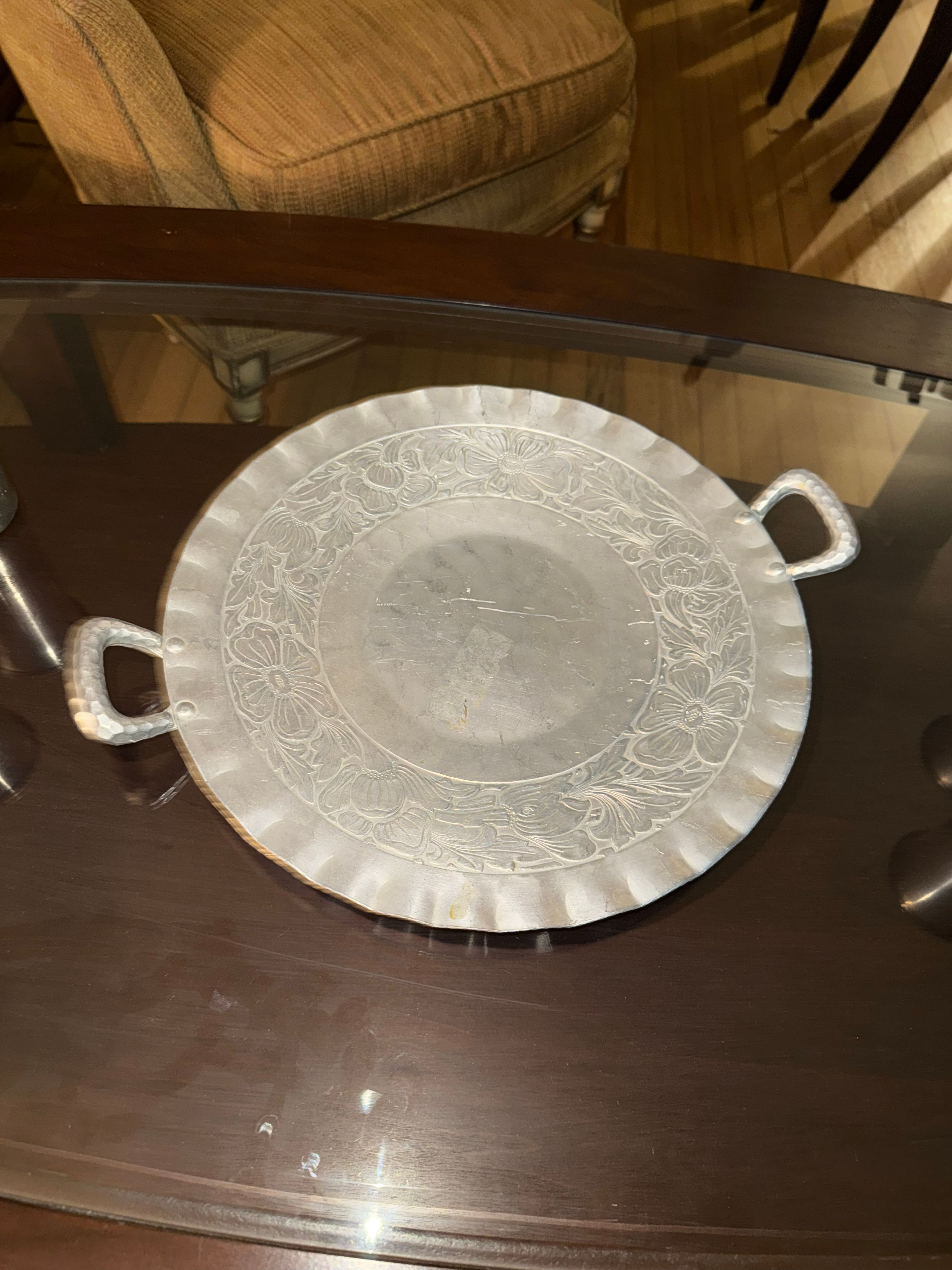 Vintage Hammered Aluminum Floral Serving Tray