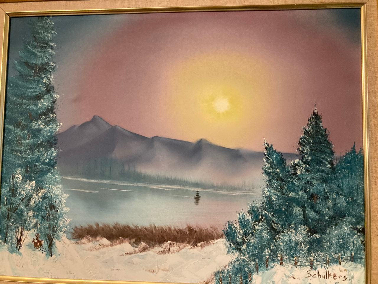 Framed Landscape Gorgeous Winter Mountain Lake Scene Painting Schulkers 