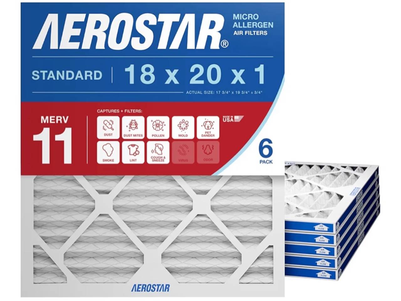 Aerostar 18x20x1 MERV 11 Air Filter, 6 Count, ACTUAL SIZE (17.50 x 19.50 x 0.75)