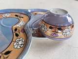 Vintage Japanese Lusterware Tea Cup and Snack Plate Set (4) sparrows and flowers - Image 2