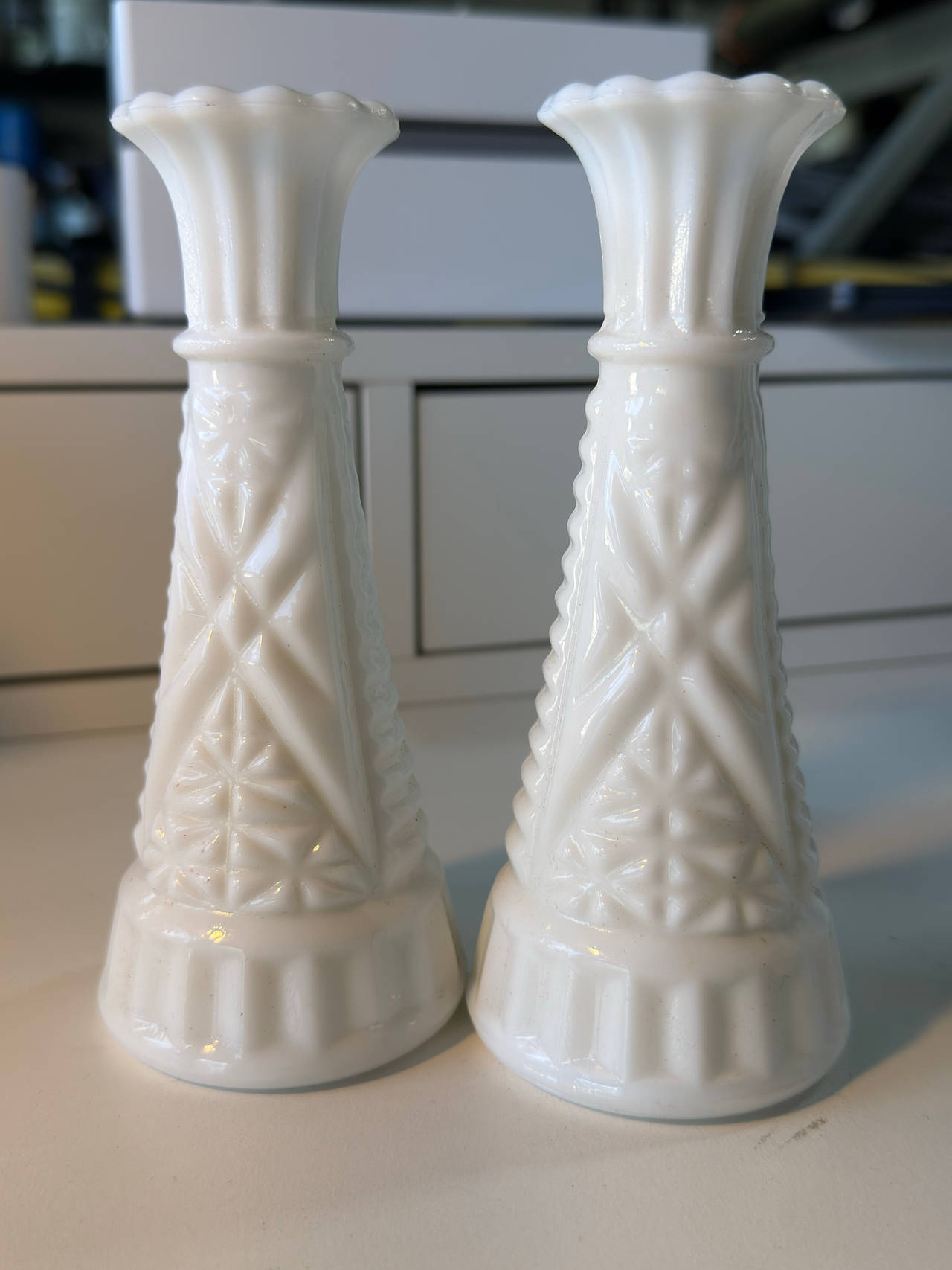 Rare Fenton Stars and Bars Milk Glass Bud Vases