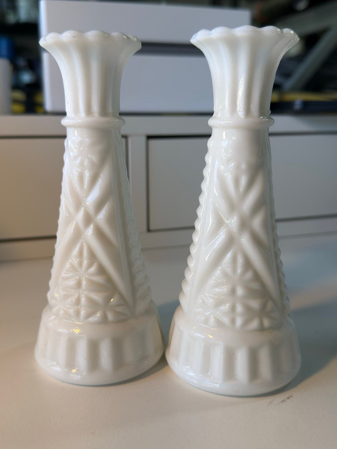 Rare Fenton Stars and Bars Milk Glass Bud Vases