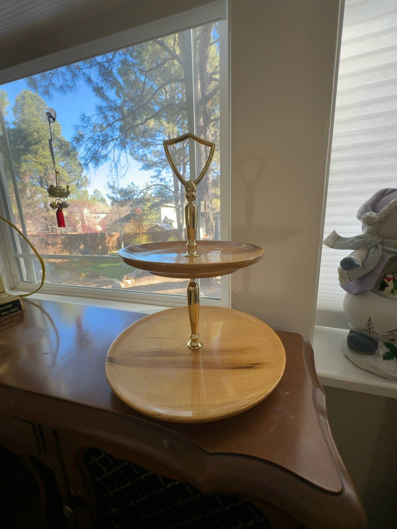 Vintage Handcrafted Myrtlewood Mid-Century 2-Tier Wooden Serving Tray 