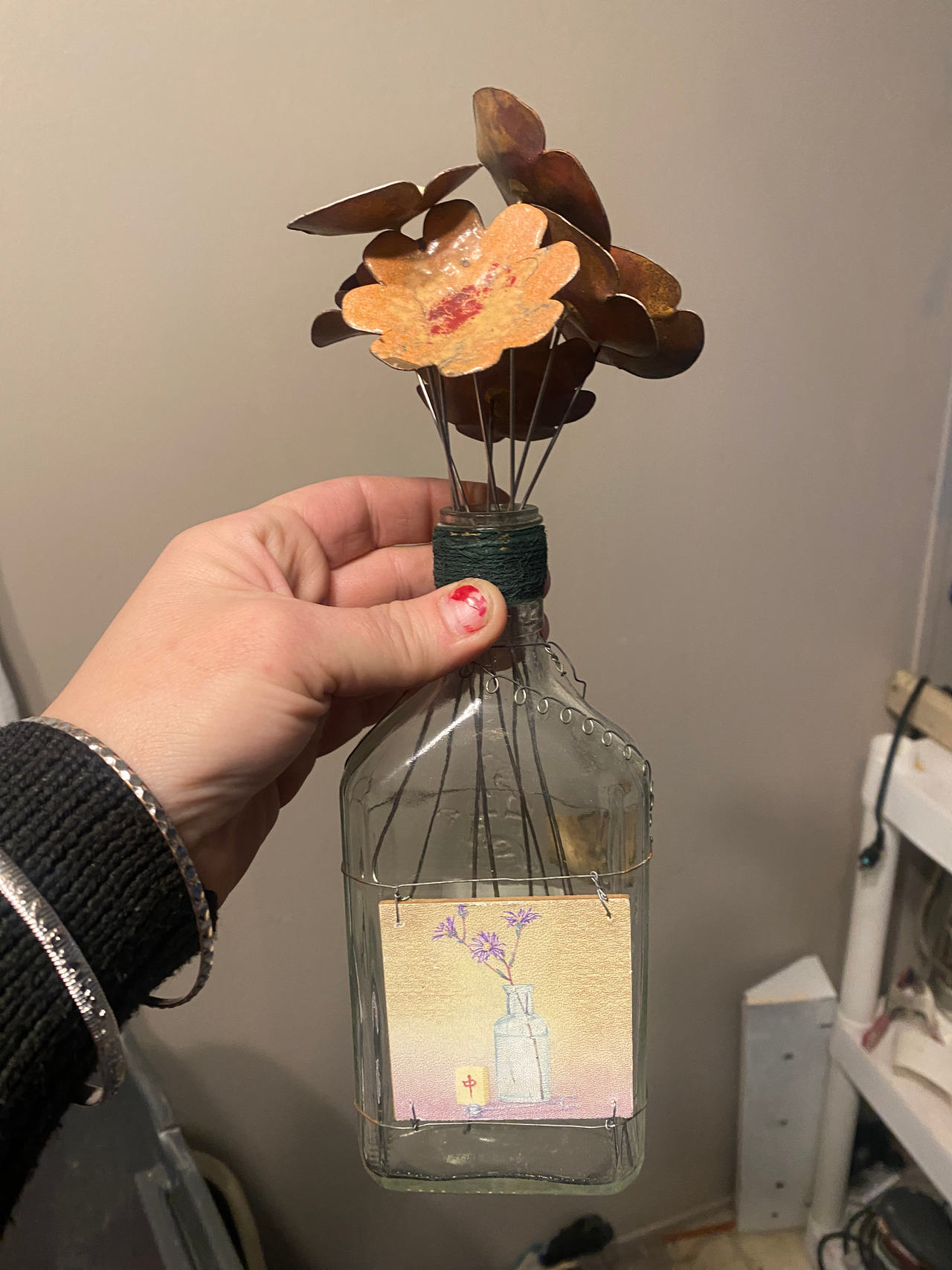Handmade Metal Flower Bottle Art